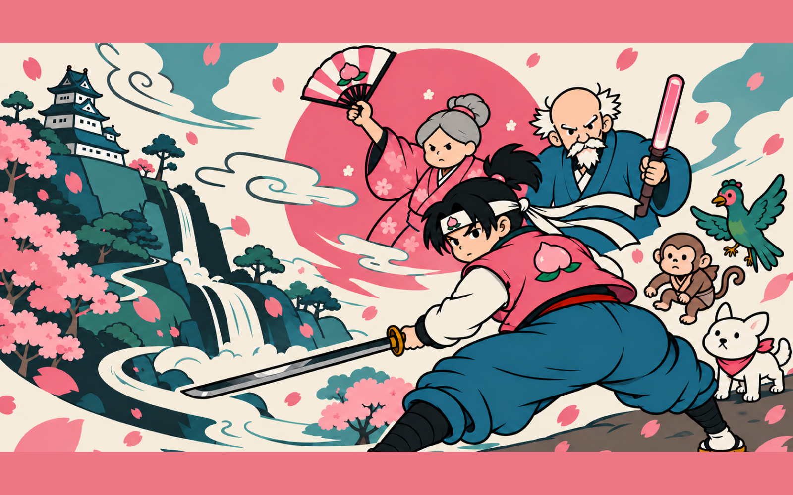 ももブロの桃太郎と仲間たち。上下にピンクの帯を配したメインビジュアル